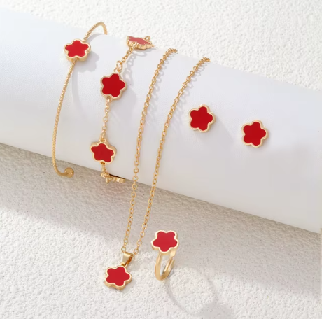 5 Piece Gold Carnelian Clover Jewelry Sets