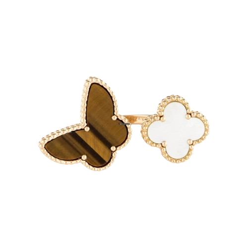 18K Yellow Gold Mother Of Pearl Tiger Eye Lucky Alhambra Ring