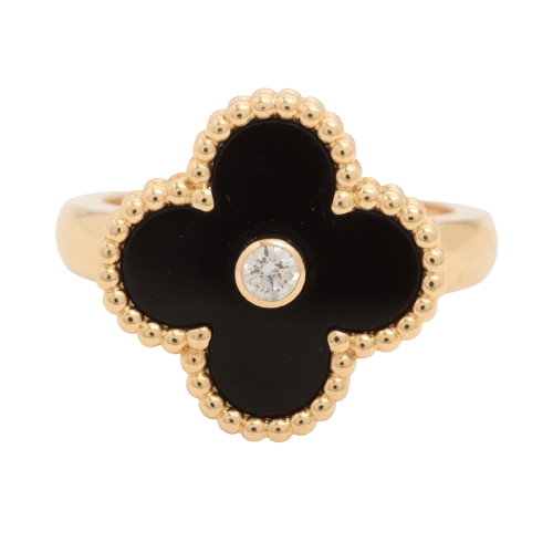 Black Onyx Vintage Alhambra 18K Yellow Gold Diamond Ring