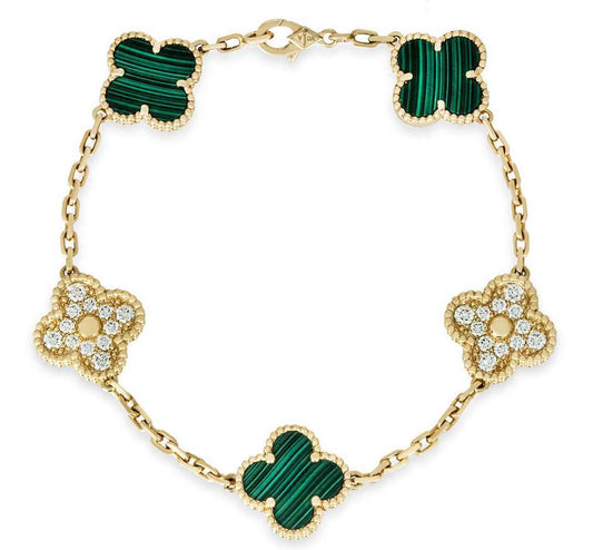 Vintage Alhambra 18K Yellow Gold Diamond Malachite Bracelet