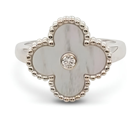 Mother Of Pearl Vintage Alhambra 18K Silver Diamond Ring