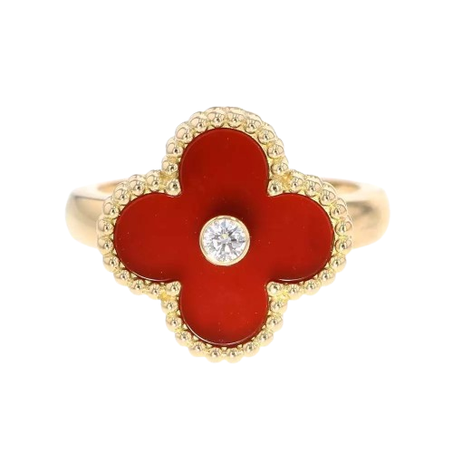 Carnelian Vintage Alhambra 18K Yellow Gold Diamond Ring