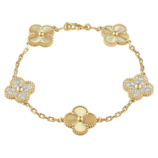 Vintage Alhambra 18K Yellow Guilloché Gold Diamond Bracelet