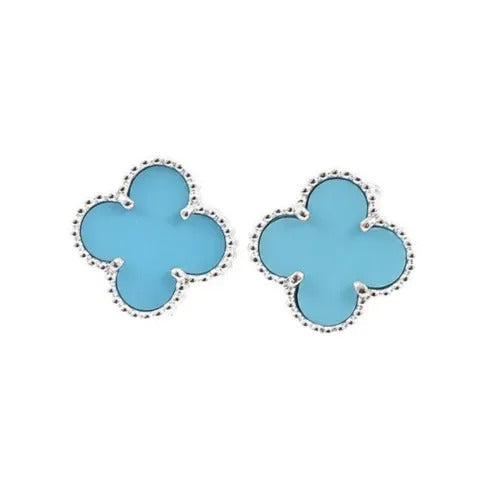 15mm Turquoise 18K White Gold Clover Stud Earrings
